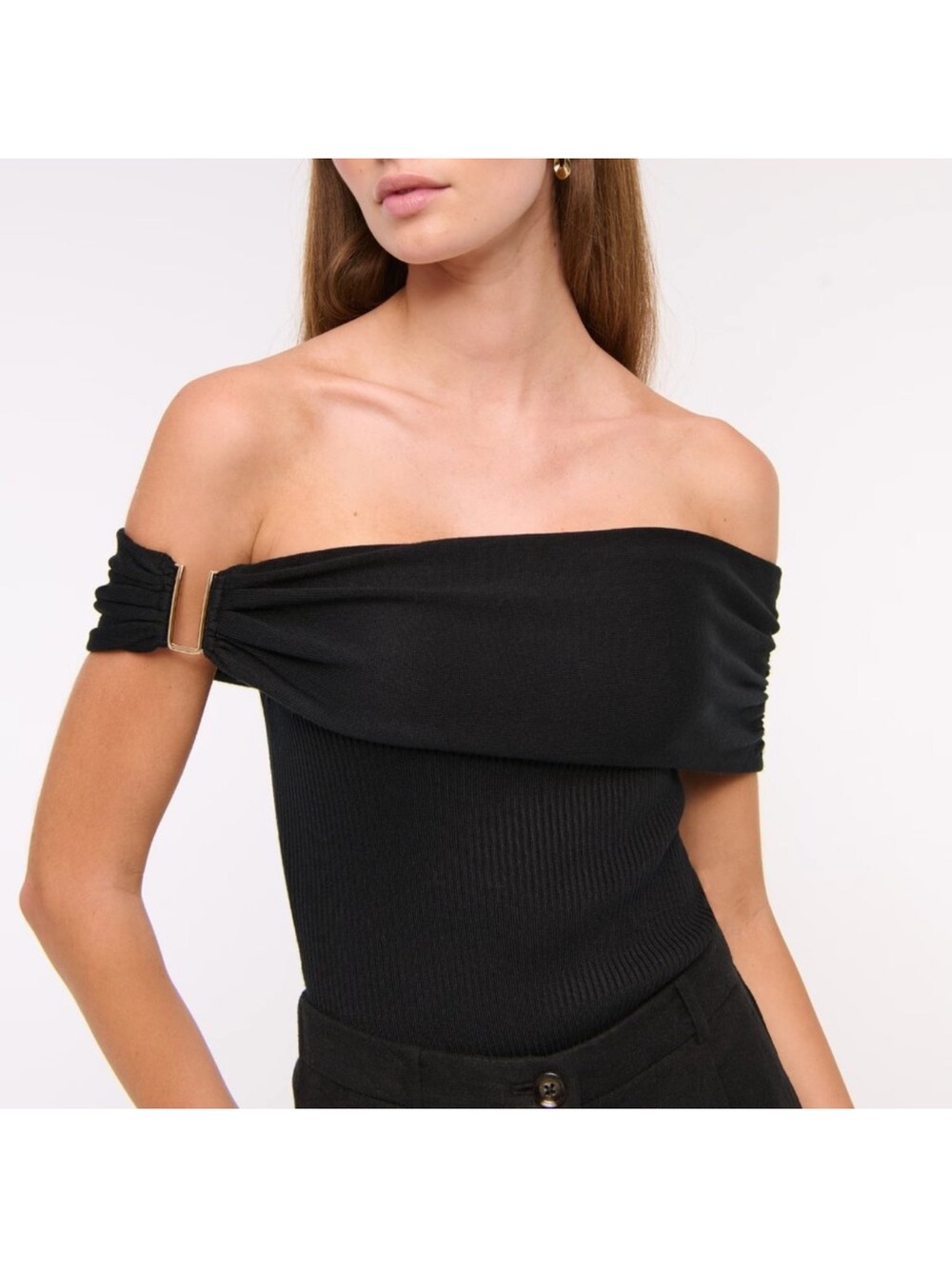 NWT Abercrombie Black Hardware Off The Shoulder Sweater Ribbed Top